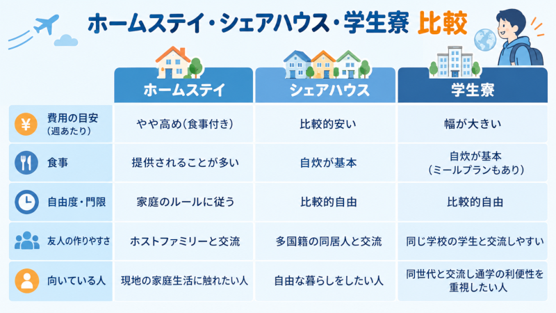 ホームステイ・シェアハウス・学生寮の違いを整理した比較表