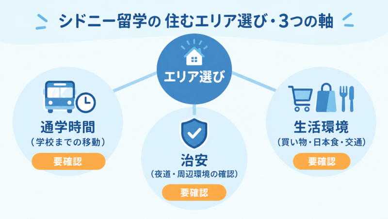 エリア選びの3つの軸(通学・治安・生活環境)を示す図